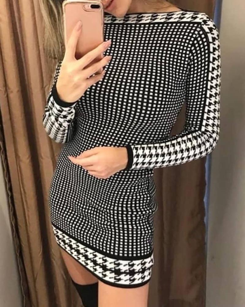 

Houndstooth Print Long Sleeve Bodycon Dress, Black