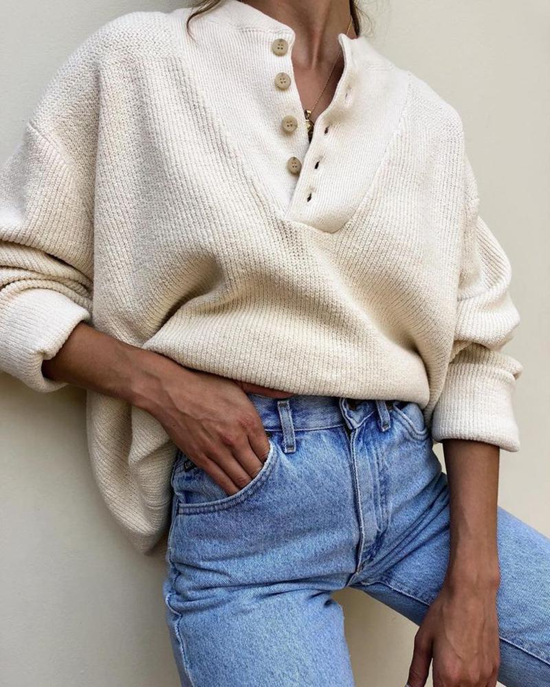 

Solid Long Sleeve Buttoned Design Sweater, Beige