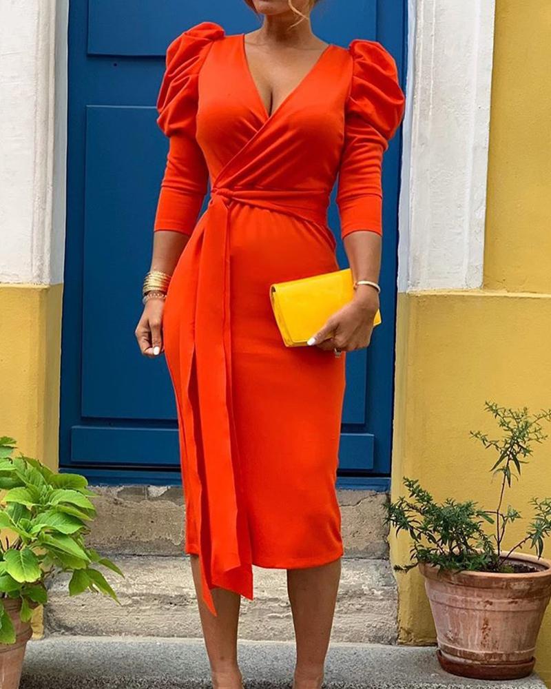 

Puff Sleeve Tie Waist Work Dress