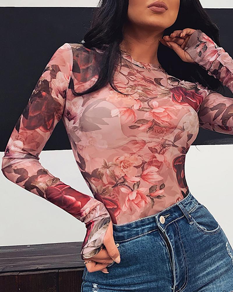 

Round Neck Floral Print Long Sleeve Blouse, Red