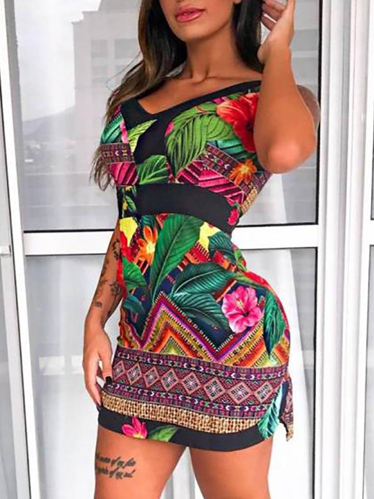 

Tribal Tropical Print Slit Side Mini Dress