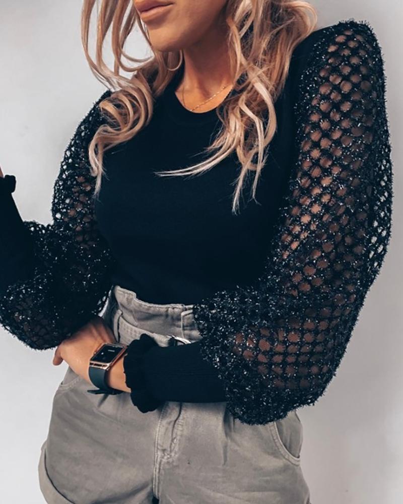 

Hollow Out Grid Patchwork Long Sleeve Blouse, Black