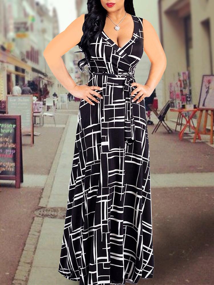 

Printed V Neck Tie Waist Maxi Wrap Dress