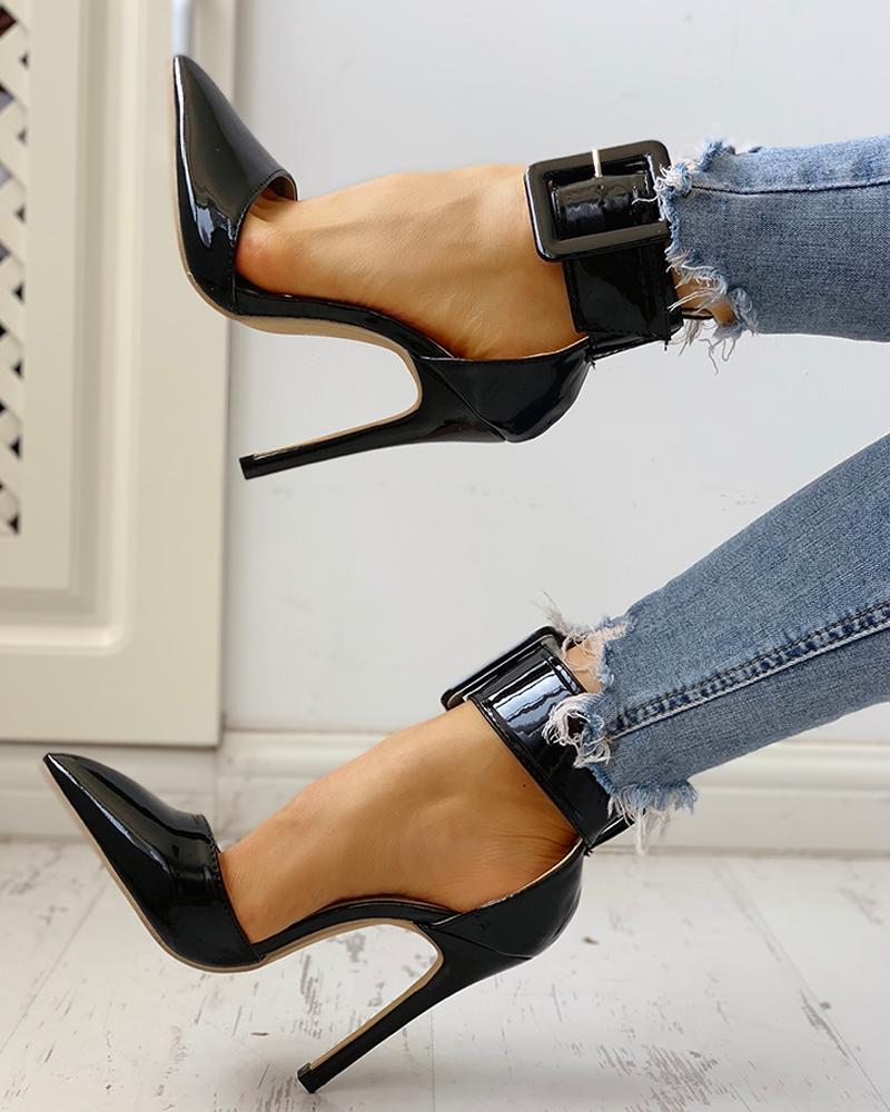 

Pointed Toe Ankle Buckled Thin Heels, Black