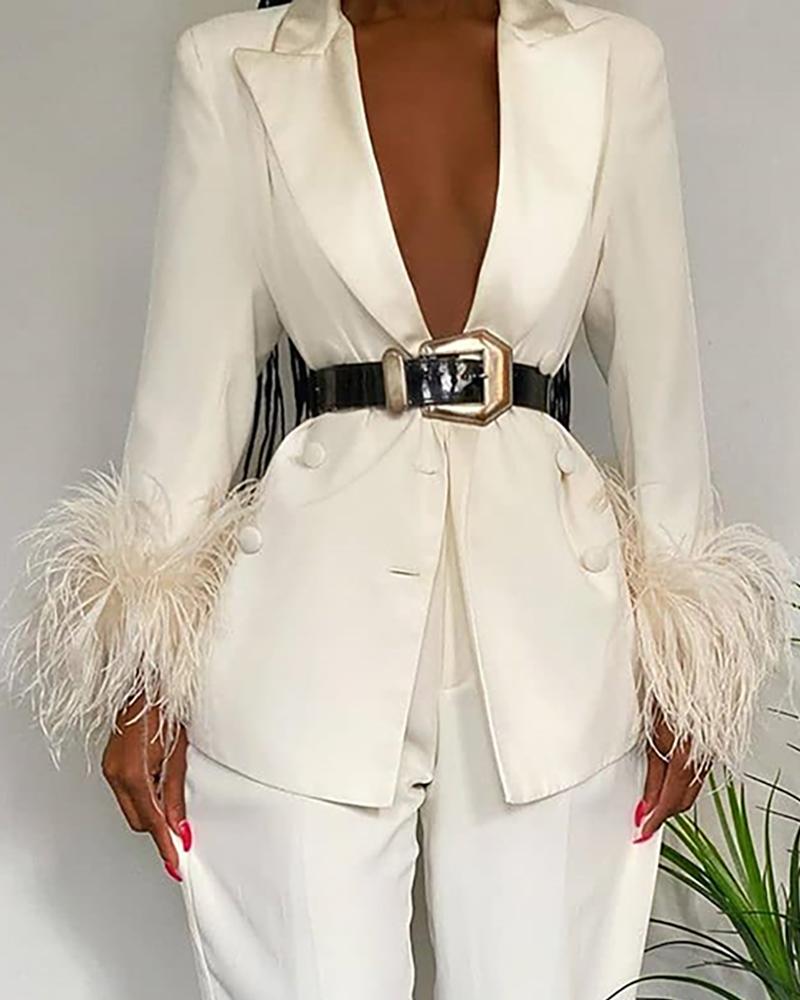 

Solid Feather Cuff Buttoned Blazer Coat, White