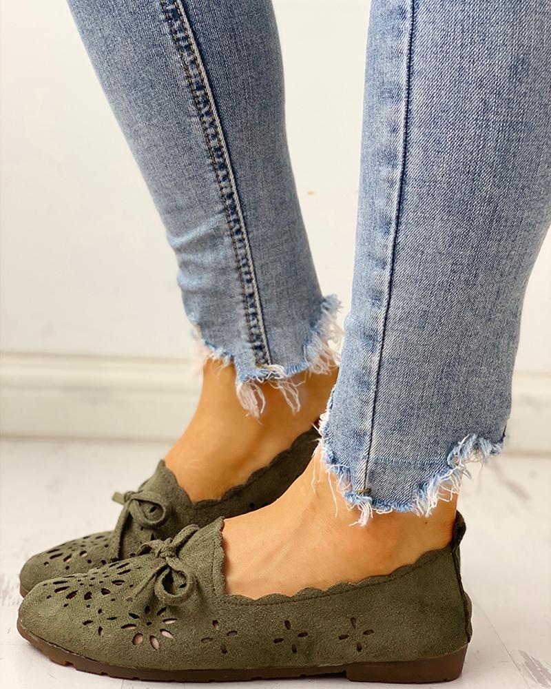 

Bowknot Hollow Out Casual Flat Shoes, Green