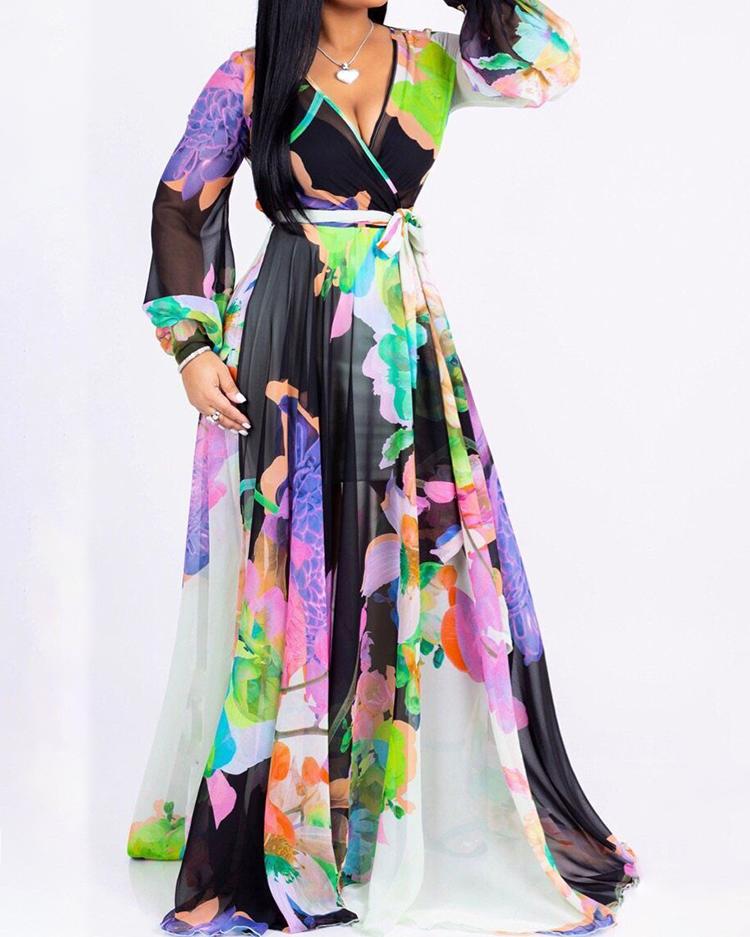

Floral Print Long Sleeve Belted Wrap Maxi Dress, Multicolor
