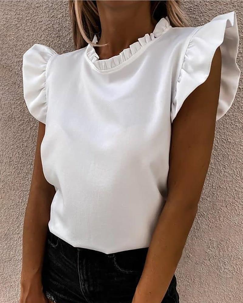 

Flutter Sleeve Ruched Frill Hem Casual Top, White