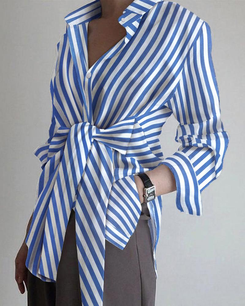 

Striped Colorblock Tie Front Casual Top, Blue