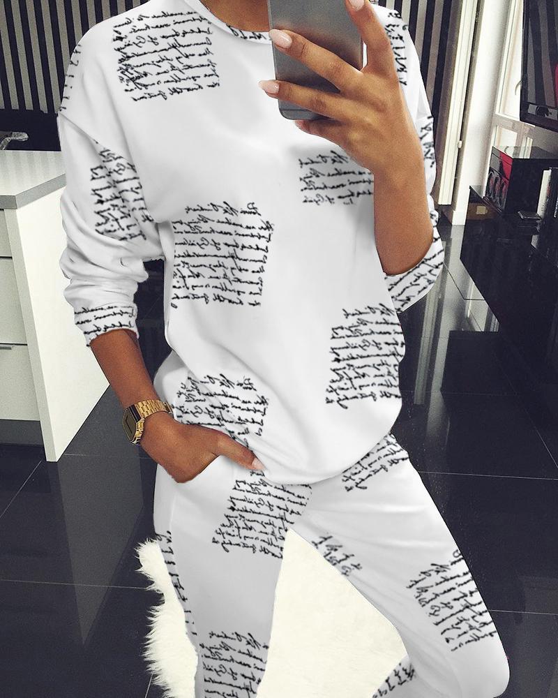 

Letter Print Long Sleeve Top & Pants Set, White