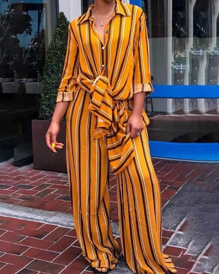 

Stripes Knot Front Blouse & Wide Leg Pants Set, Orange
