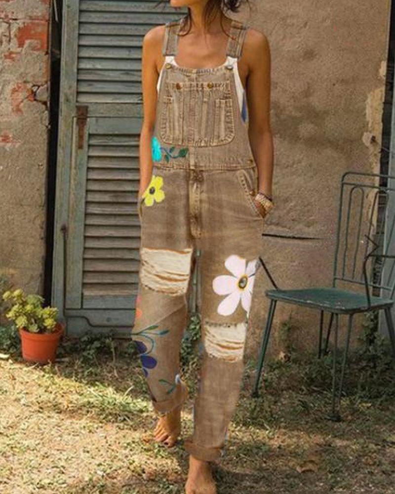 

Ripped Knee Denim Overall Jumpsuit, Yellow