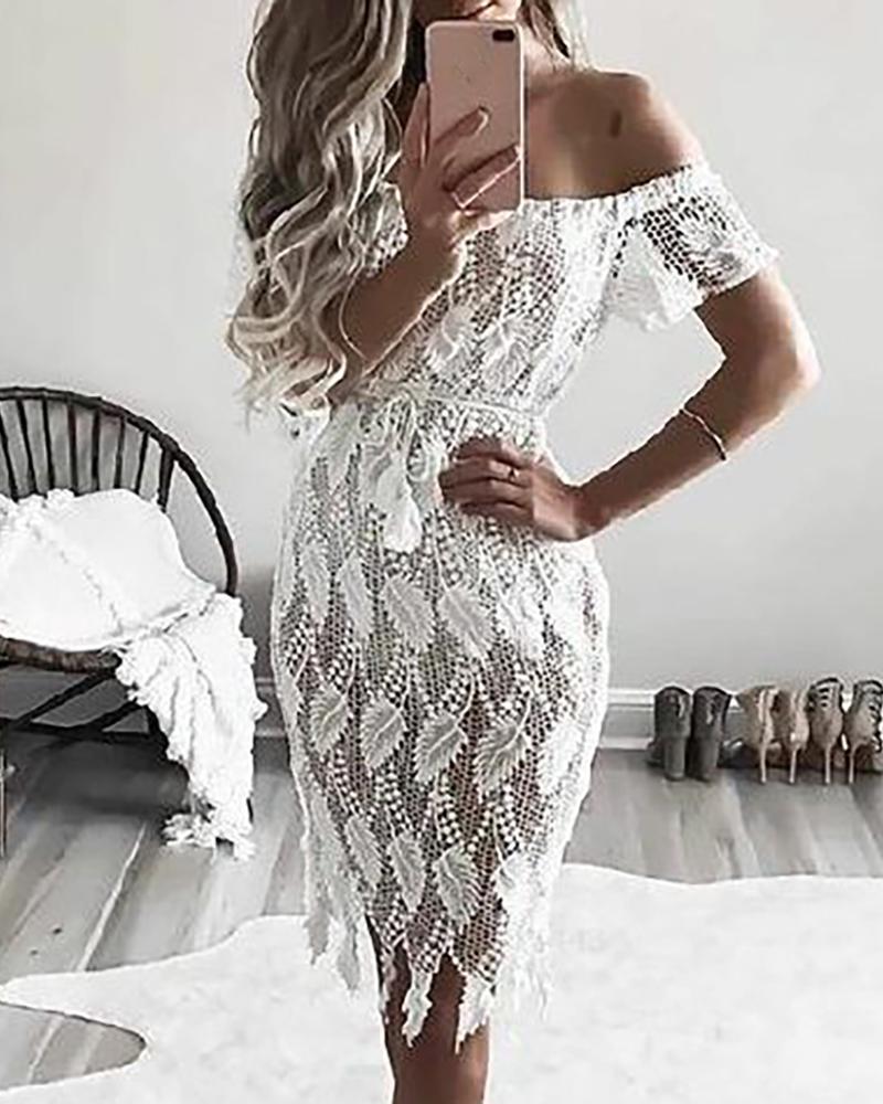 

Off Shoulder Hollow Out Sheer Lace Dress, White