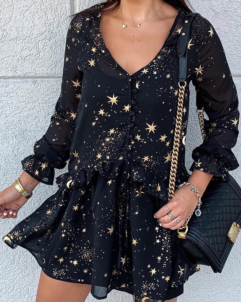 

Star Print Ruffles Detail Pleated Dress, Black