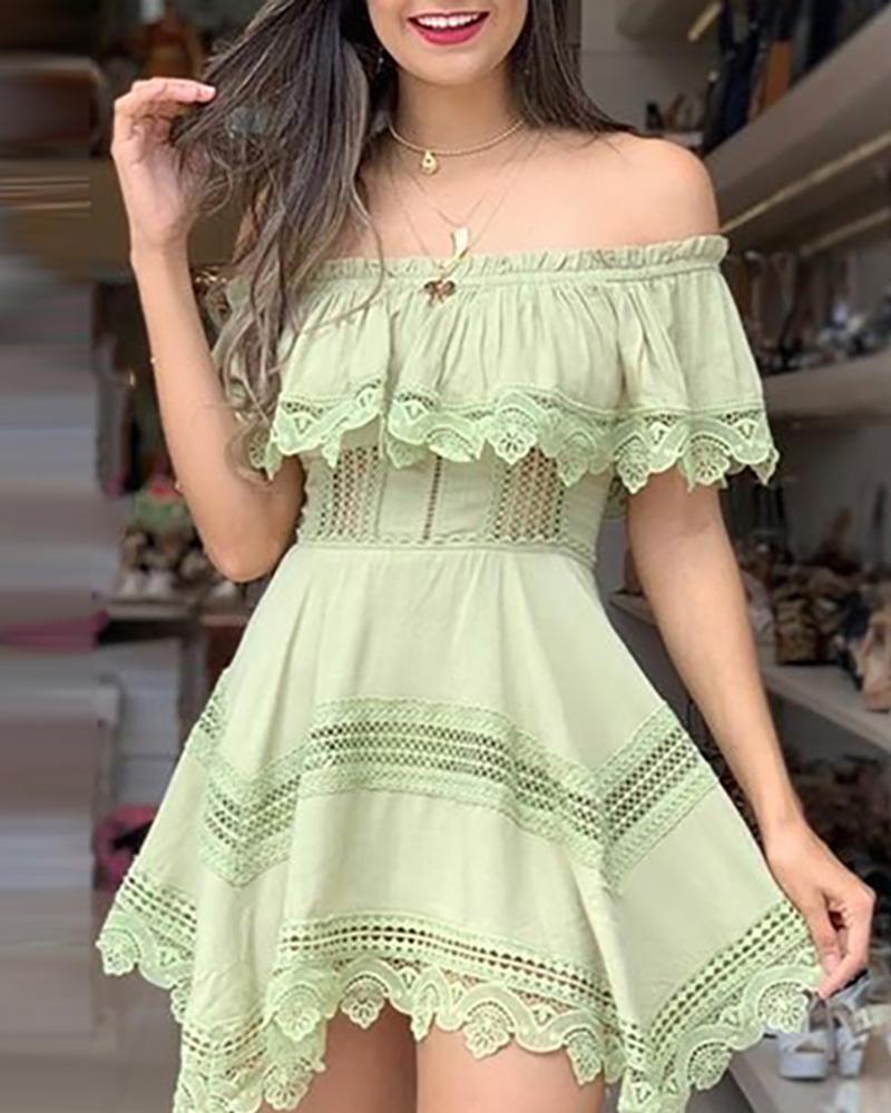 

Crochet Lace Insert Off Shoulder Frill Hem Dress, Green