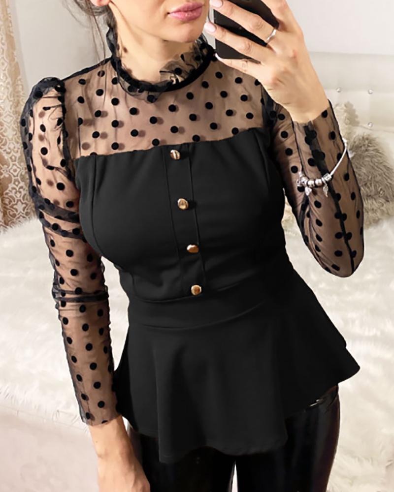 

Mesh Dot Lace Tight Waist Ruffled Blouse, Black