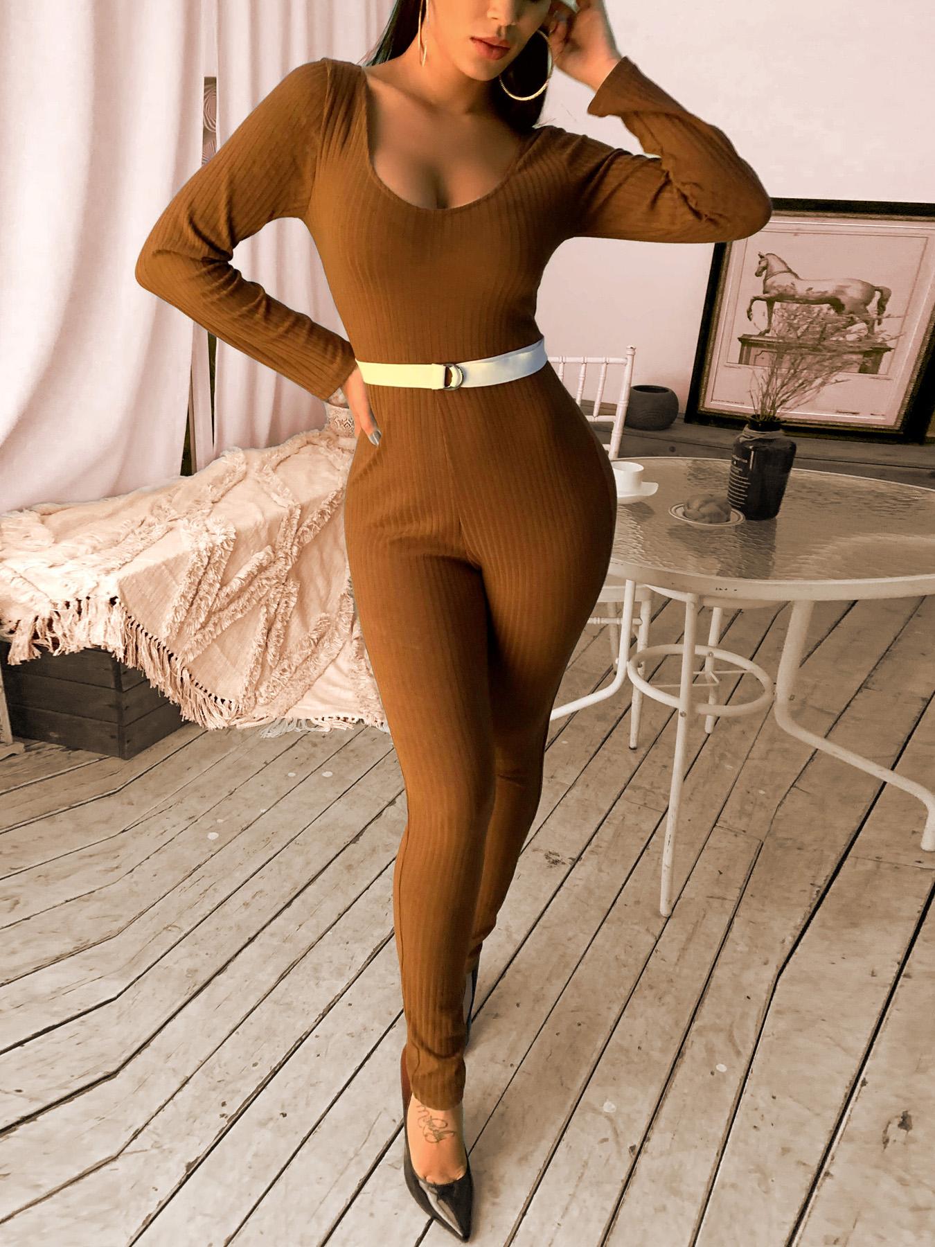 

Off Shoulder Rib Belted Slinky Jumpsuit, Brown