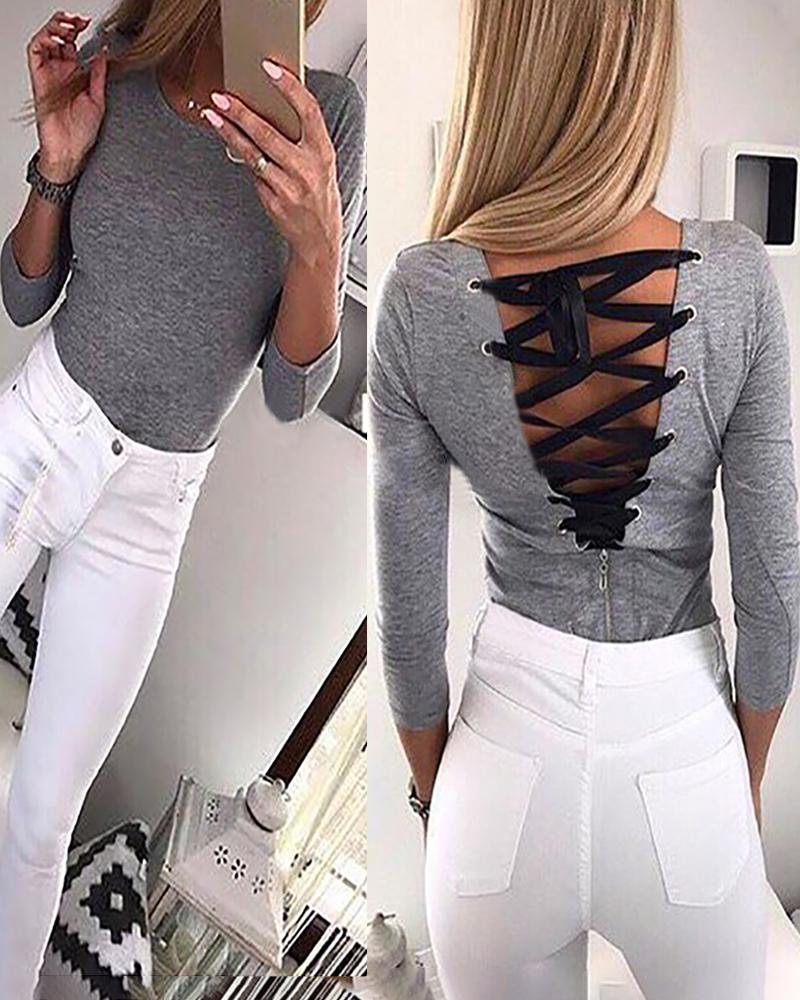

Eyelet Lace-Up Back Blouse, Gray