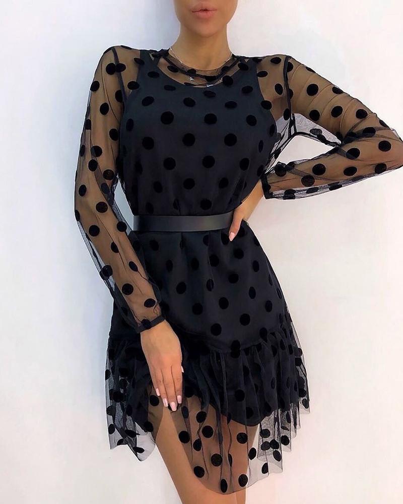 

Mesh Polka Dot Ruffles Hem Mini Dress, Black
