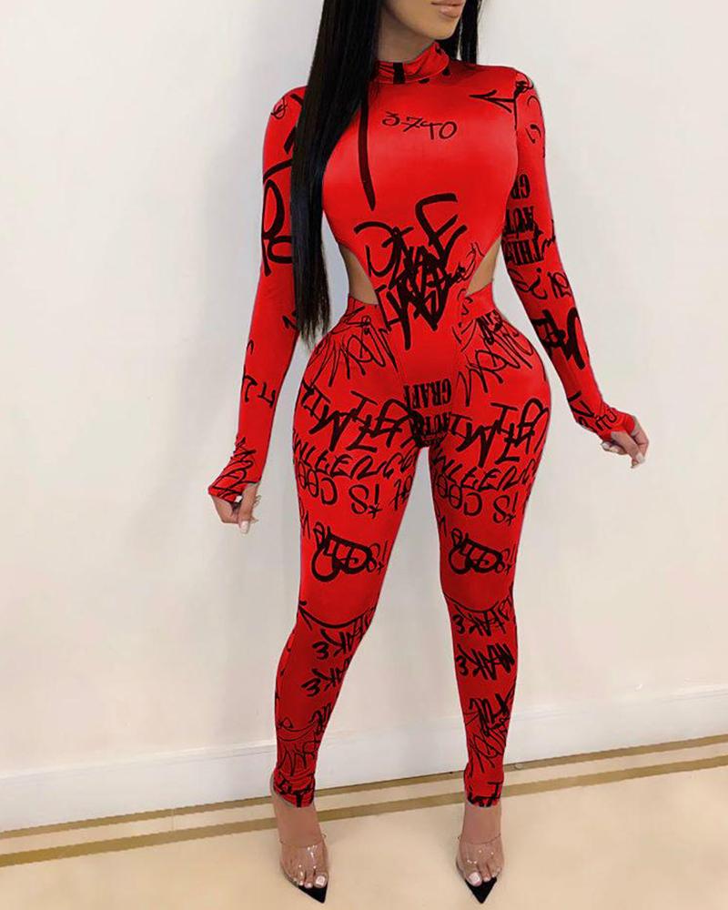 

Letter Print Cutout Top & Pants Set, Red