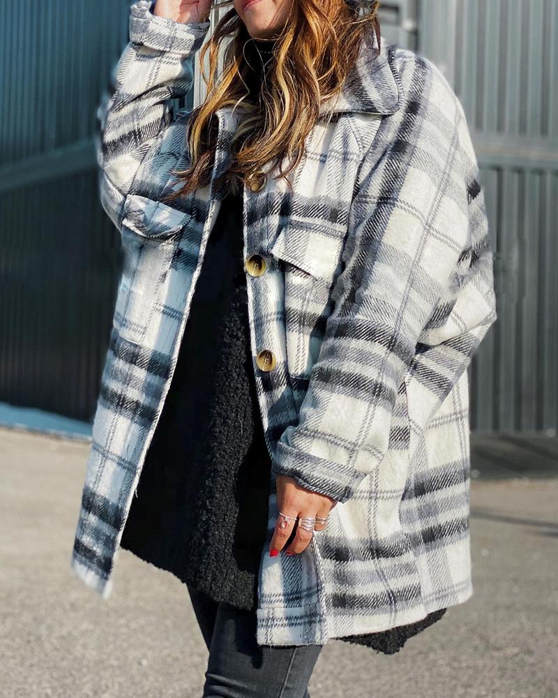 

Buttoned Pocket Design Checked Shacket, White
