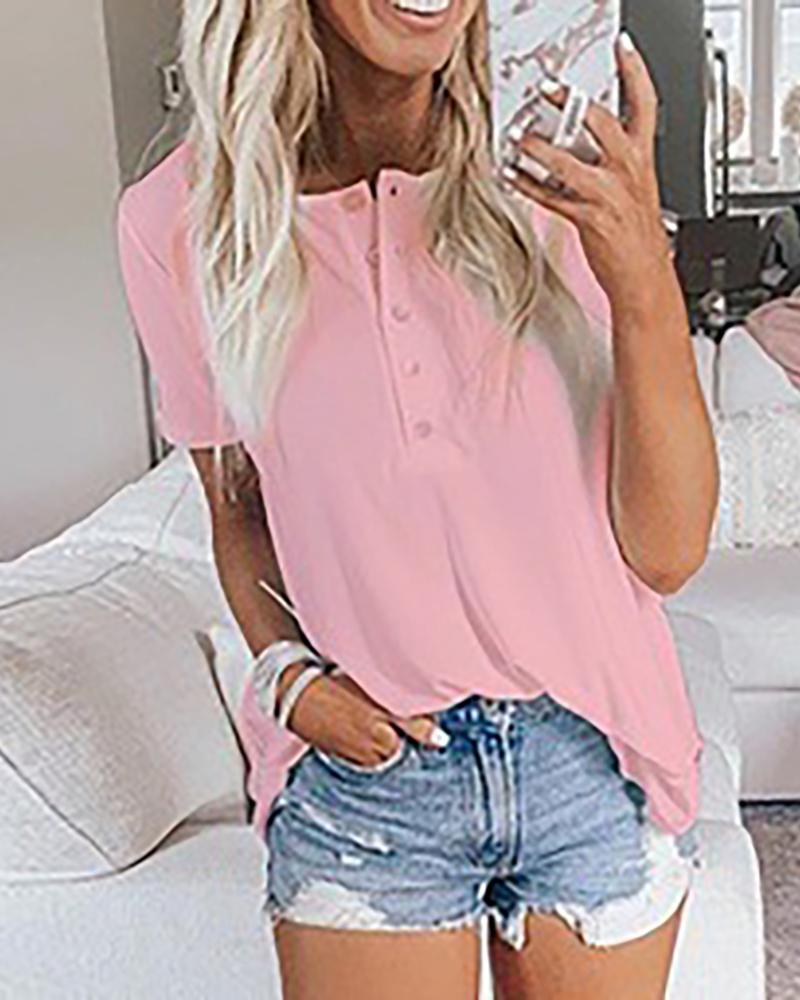 

Solid Buttoned Design Casual T-shirt, Pink