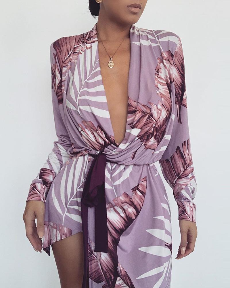 

Leaf Print Deep V-Neck Wrap Casual Dress, Purple