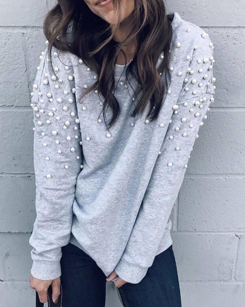 

Solid Beaded Design Long Sleeve Blouse, Gray