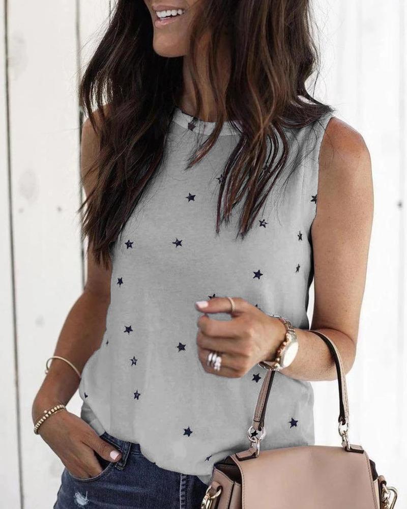 

Round Neck Stars Print Sleeveless Casual T-shirt, Gray