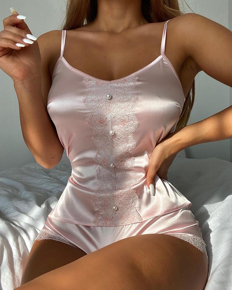 

Beaded Lace Trim Cami Sets, Pink