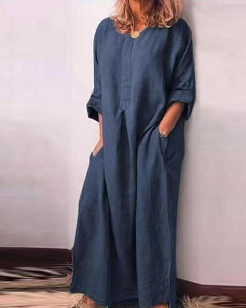 

Double Pocket Long Sleeve Maxi Dress, Dark blue