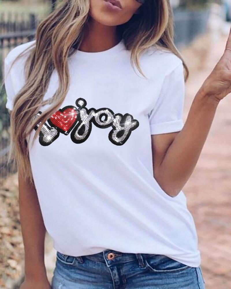 

Letter Heart Pattern Sequins Casual T-shirt, White
