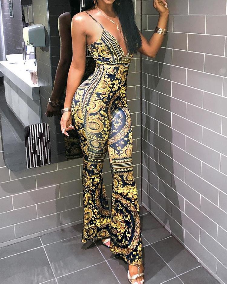 

Vintage Printed Deep V Slip Flared Jumpsuit, Multicolor