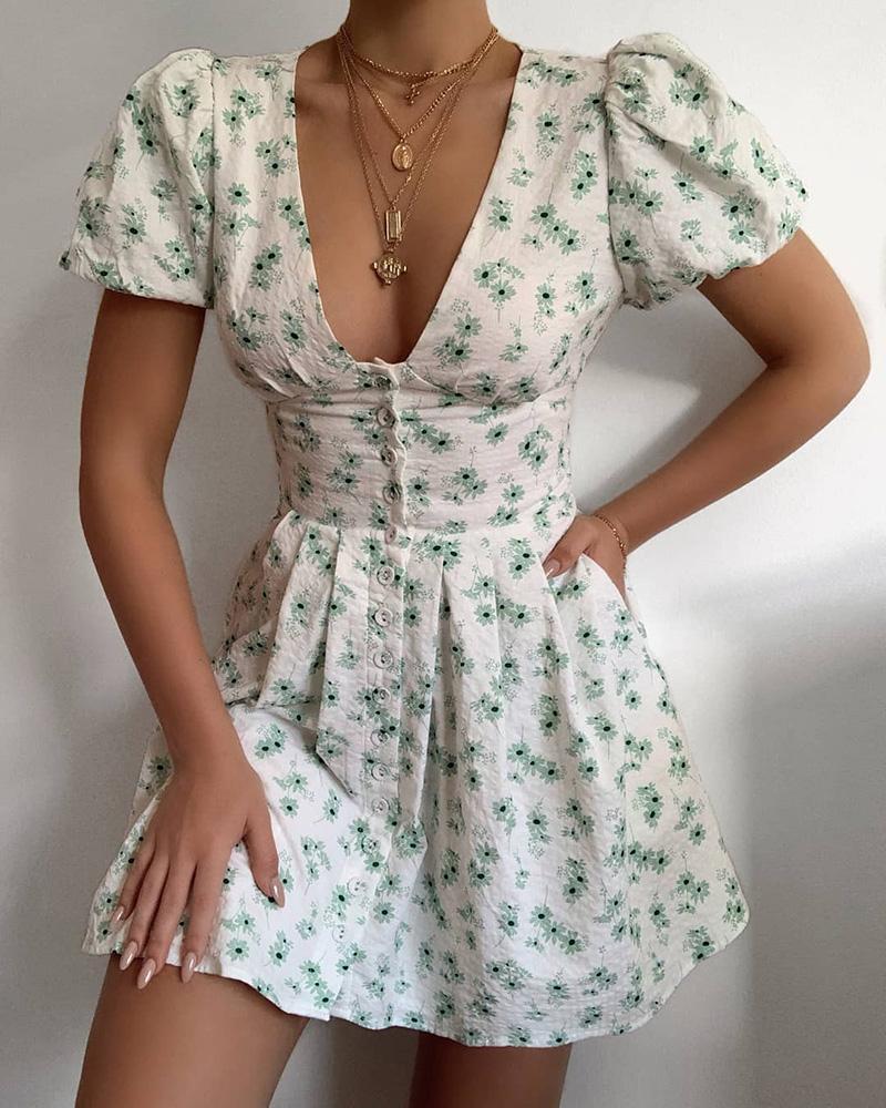 

Floral Print Puffed Sleeve Button Design Ruched Dress, White