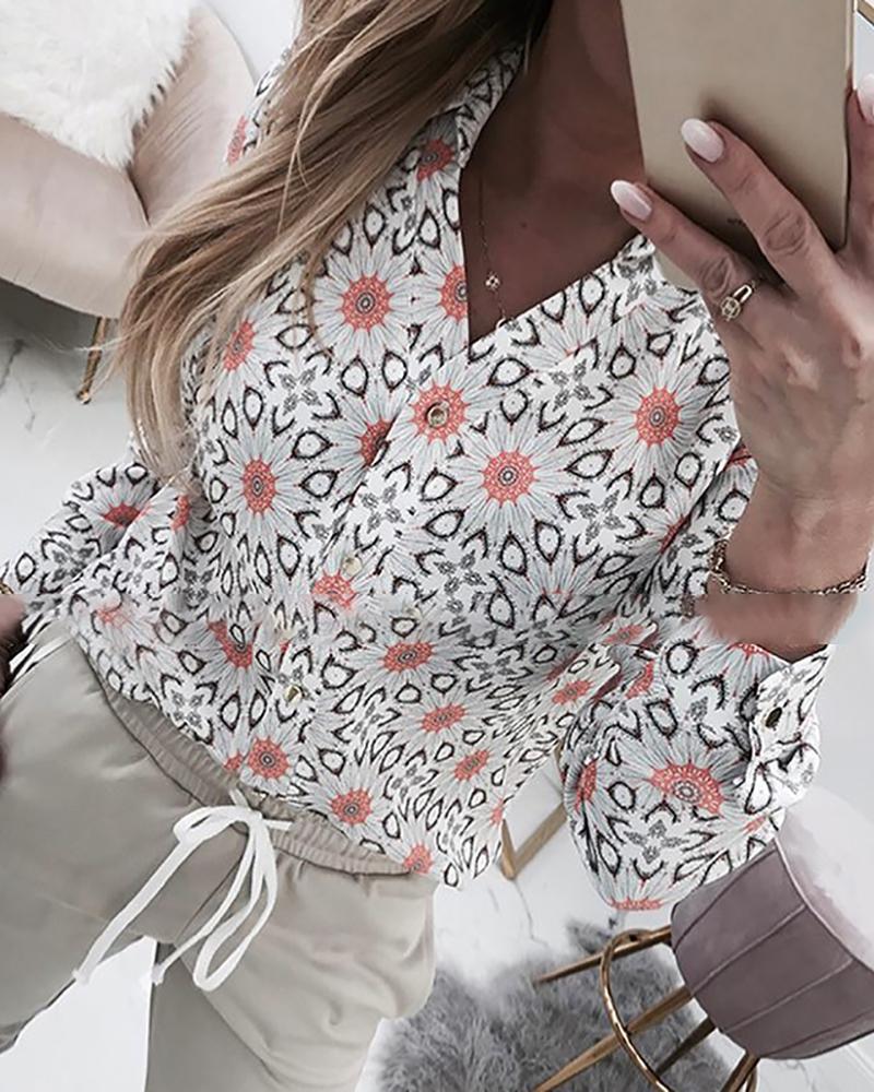 

Print Long Sleeve Casual Blouse, Gray