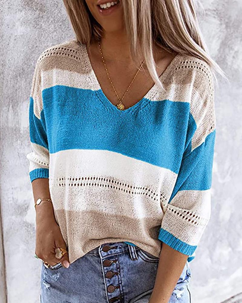 

Colorblock Hollow Out Knitted Casual Blouse, Blue