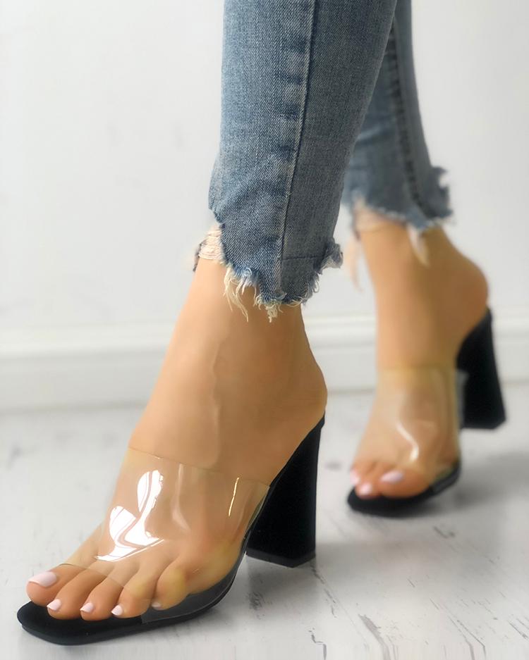 

Transparent Single Strap Chunky Heeled Sandals, Black
