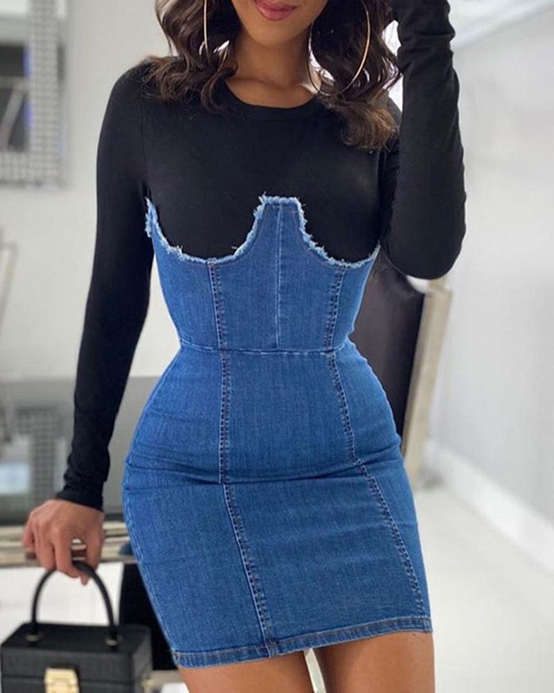 

Fringe Hem Denim Bodycon Dress, Blue
