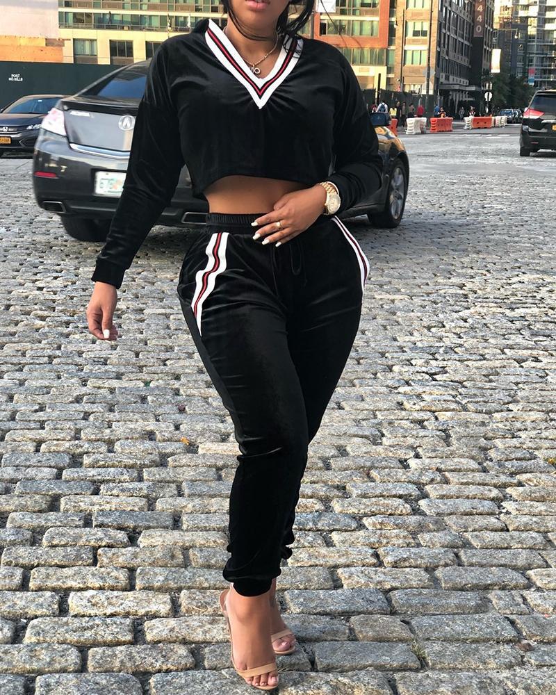 

Striped Hooded Crop Top & Drawstring Design Pant Sets, Black
