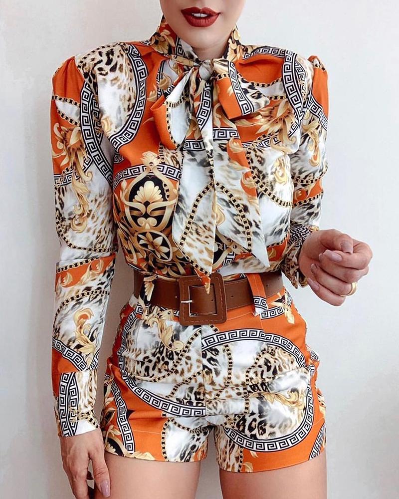 

Print Tied Neck Long Sleeve Shirt & Short Set, Orange