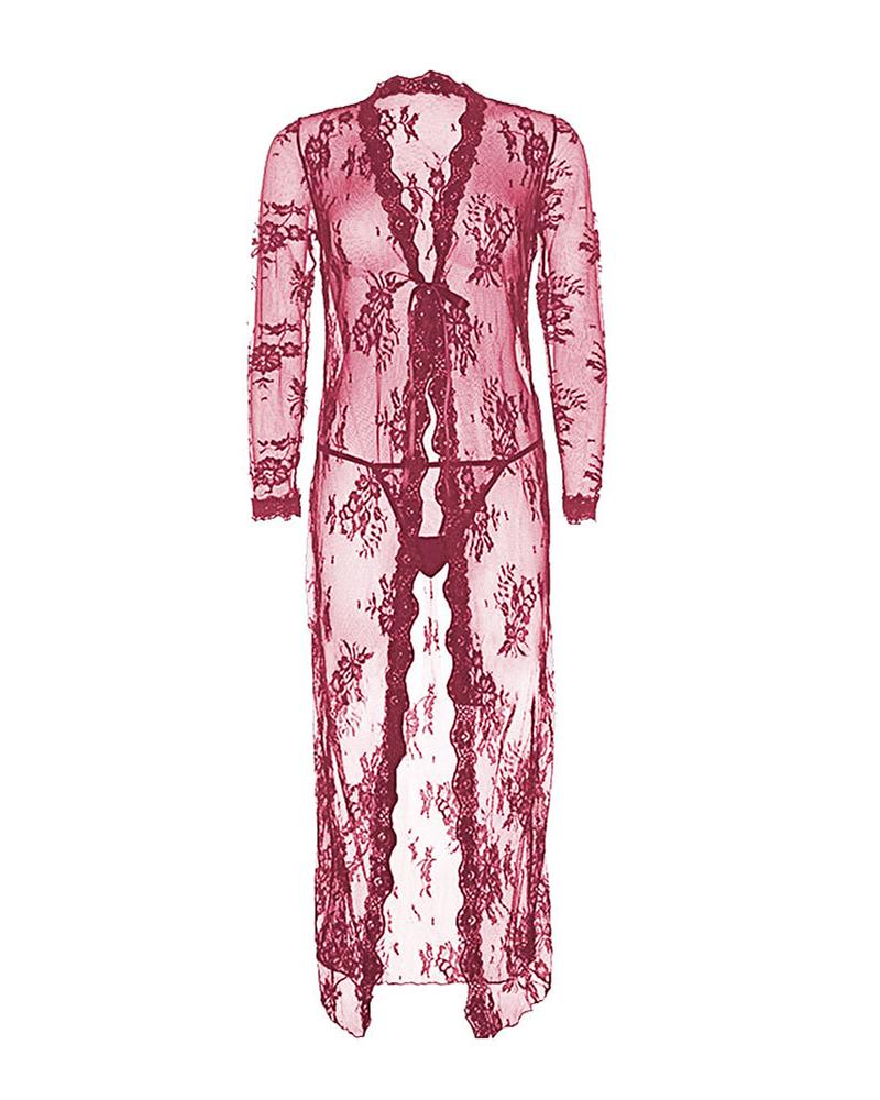 

Sheer Mesh Lace Long Sleeve Robe With Panty, Wine red