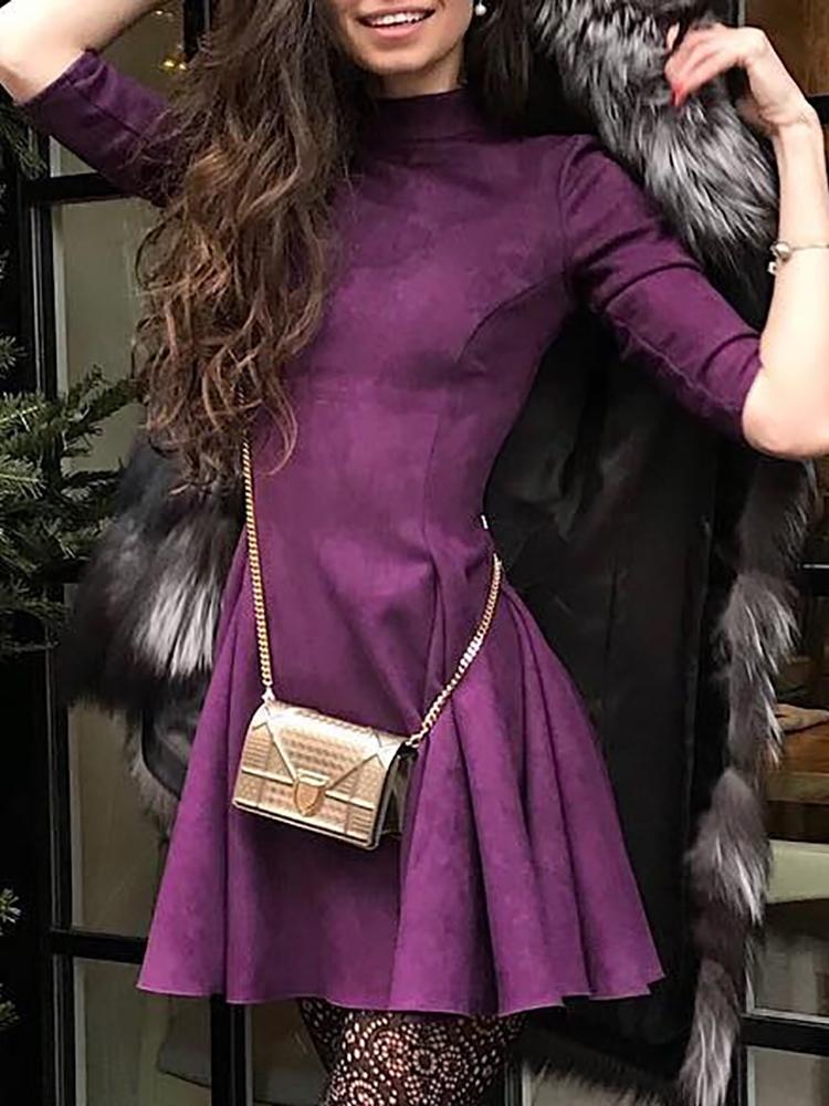 

Mock Neck Half Sleeve Pleated Dress, Dark purple