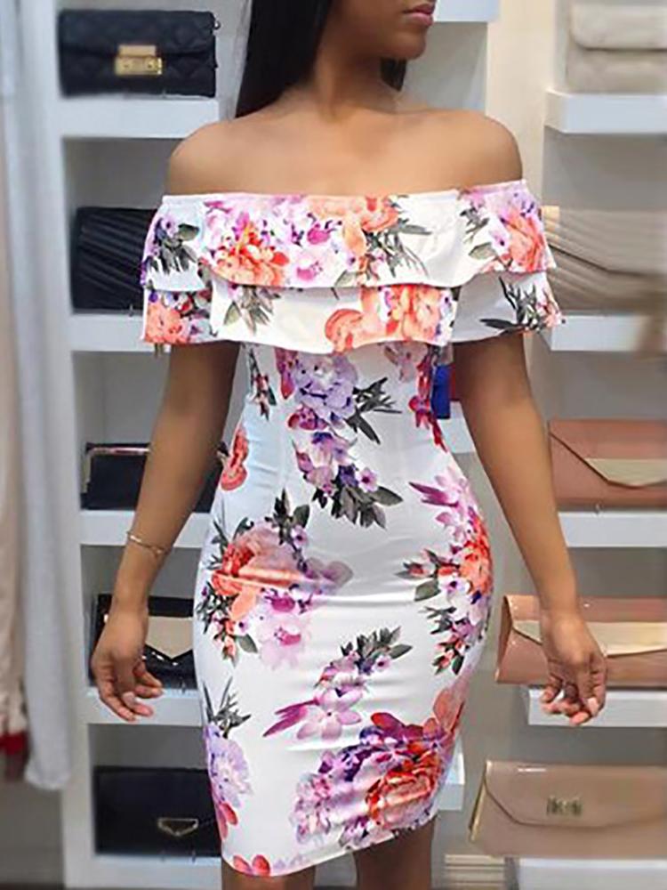 

Vintage Floral Ruffled Off Shoulder Bodycon Dress, Multicolor