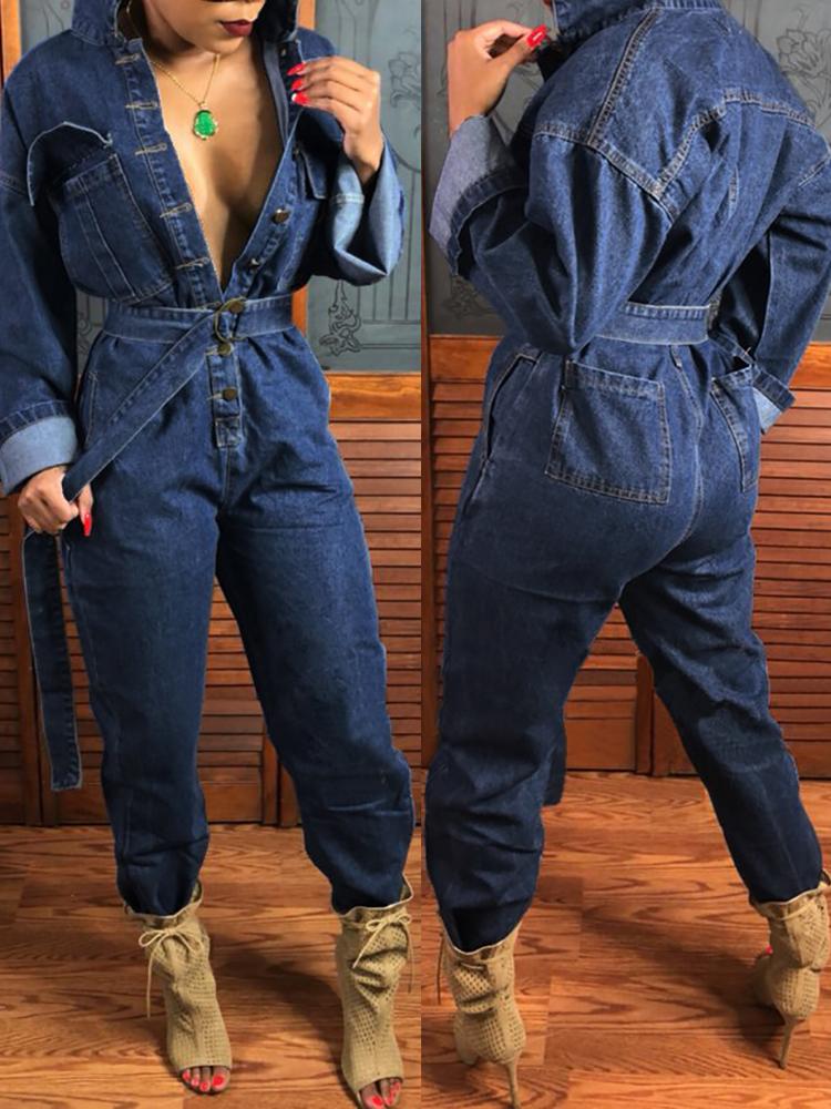 

Button Up Pocket Design Denim Jumpsuits, Dark blue