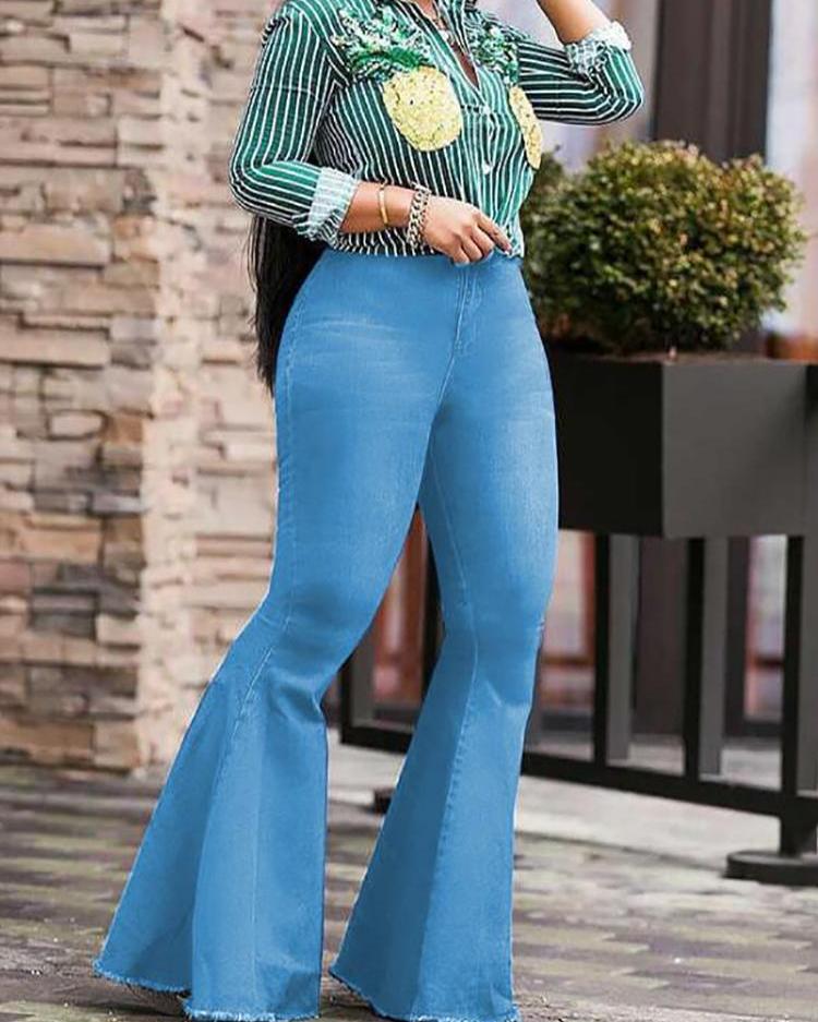 

Stretch Exaggerate Fringes Hem Flared Jeans, Light blue