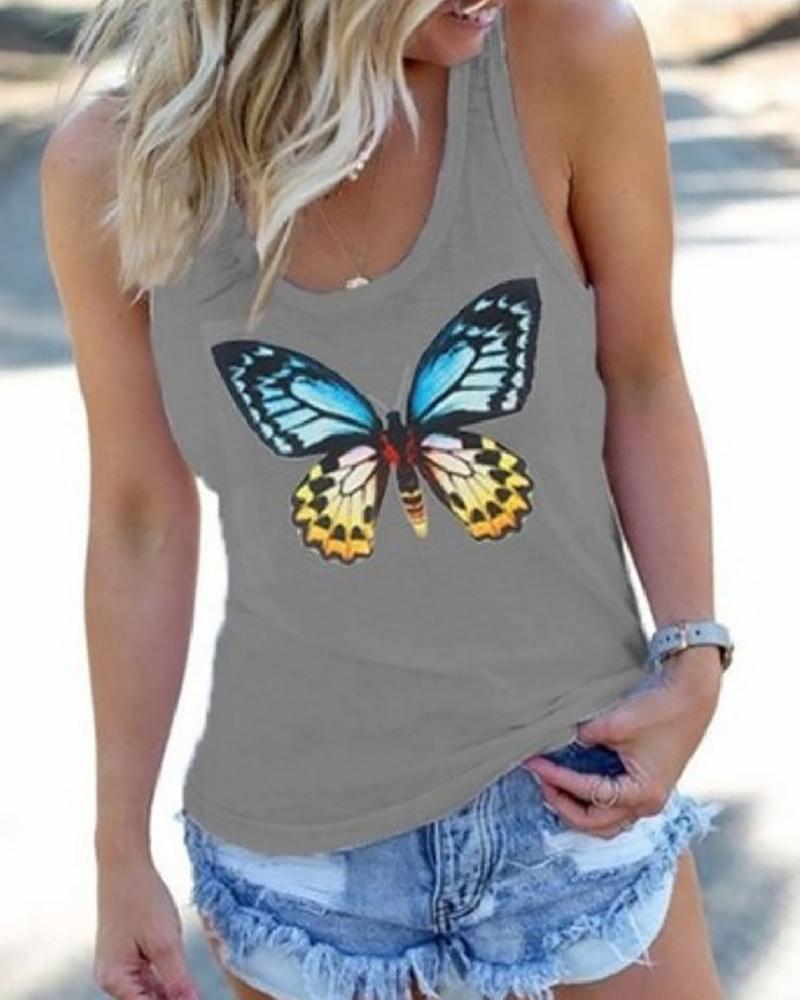 

Butterfly Print Sleeveless Casual Top, Gray