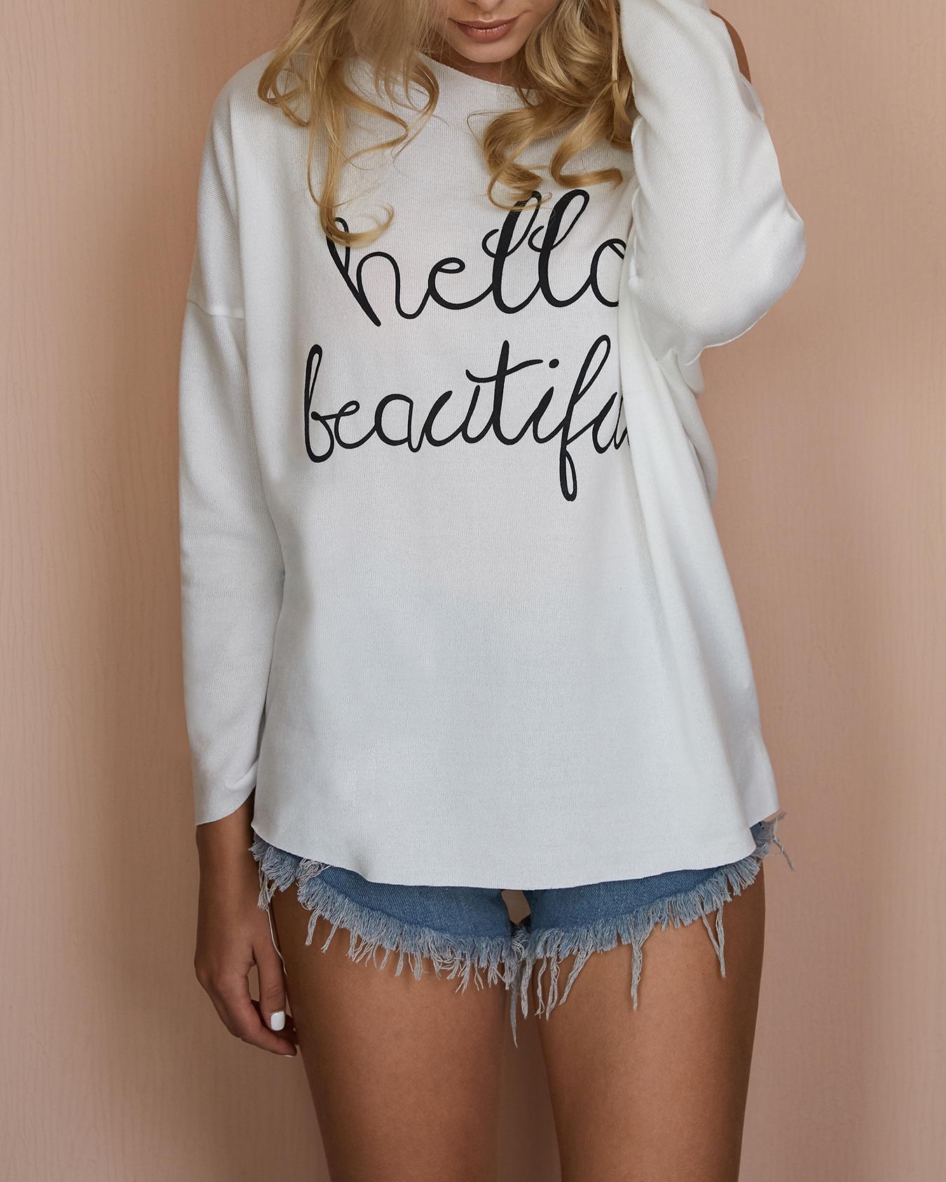 

Letter Print Skew Neck Loose Blouse, White