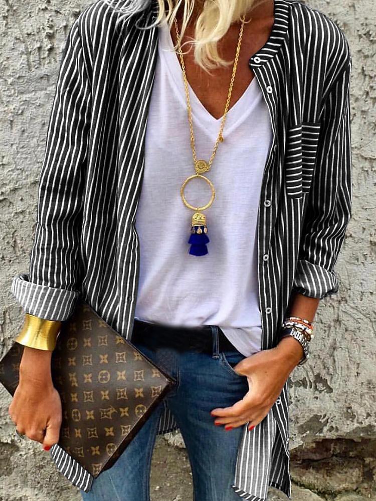 

Stripes Long Sleeve Chest Pocket Design Blouse