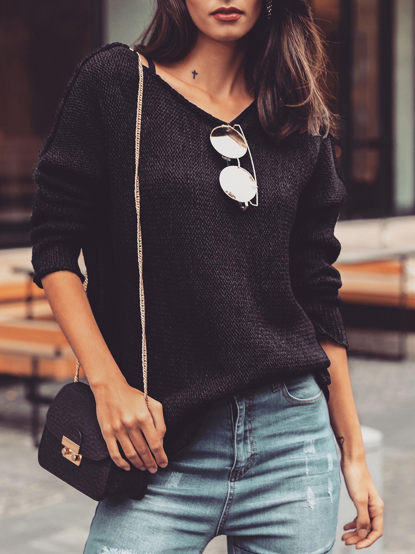 

Solid Boat Neck Long Bat-Wing Sleeve Casual Sweater, Black