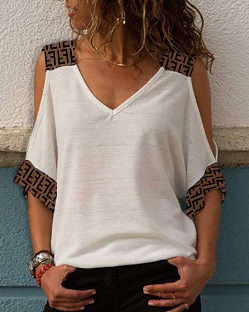 

F-Inspired Print Insert Cold Shoulder T-Shirt, White